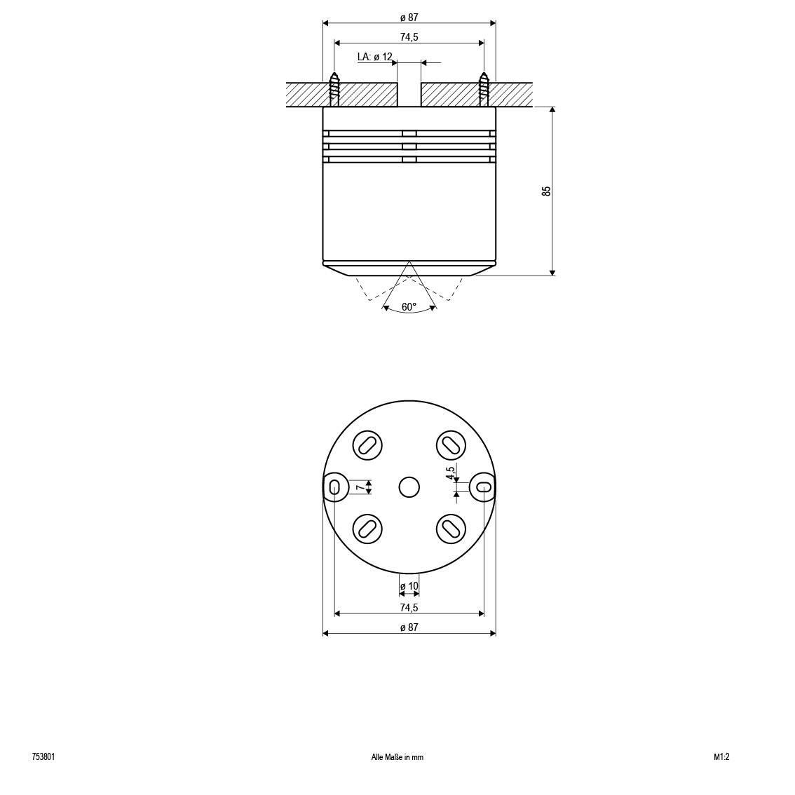 Technische Zeichnung eines Zylinderobjekts mit präzisen Abmessungen: Durchmesser 87 mm, Höhe 165 mm, obere Schraubenabstände 74,5 mm.
