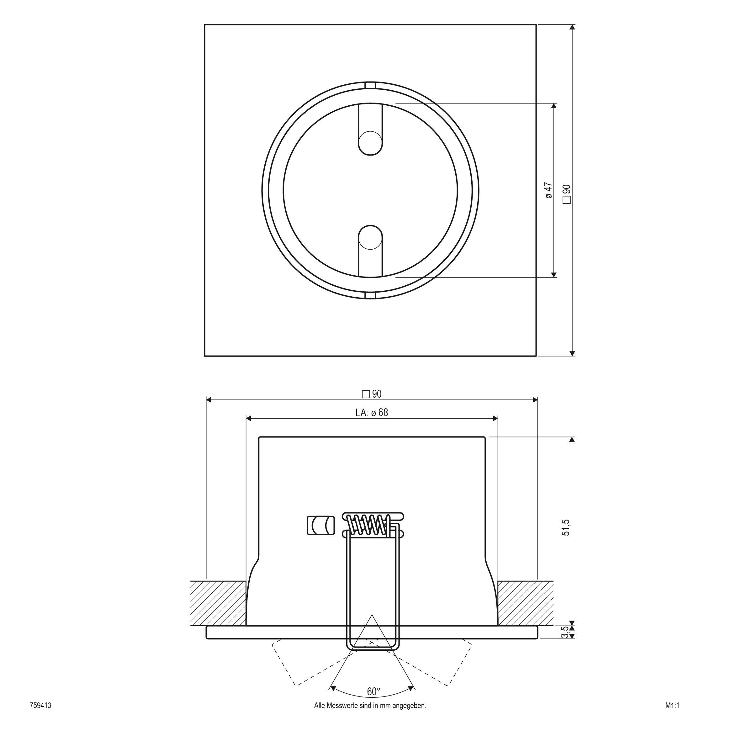 Technische Zeichnung eines Einbaustrahlergehäuses mit oberen und seitlichen Ansichten. Maße: 90 mm Durchmesser; 60° Neigungswinkel.