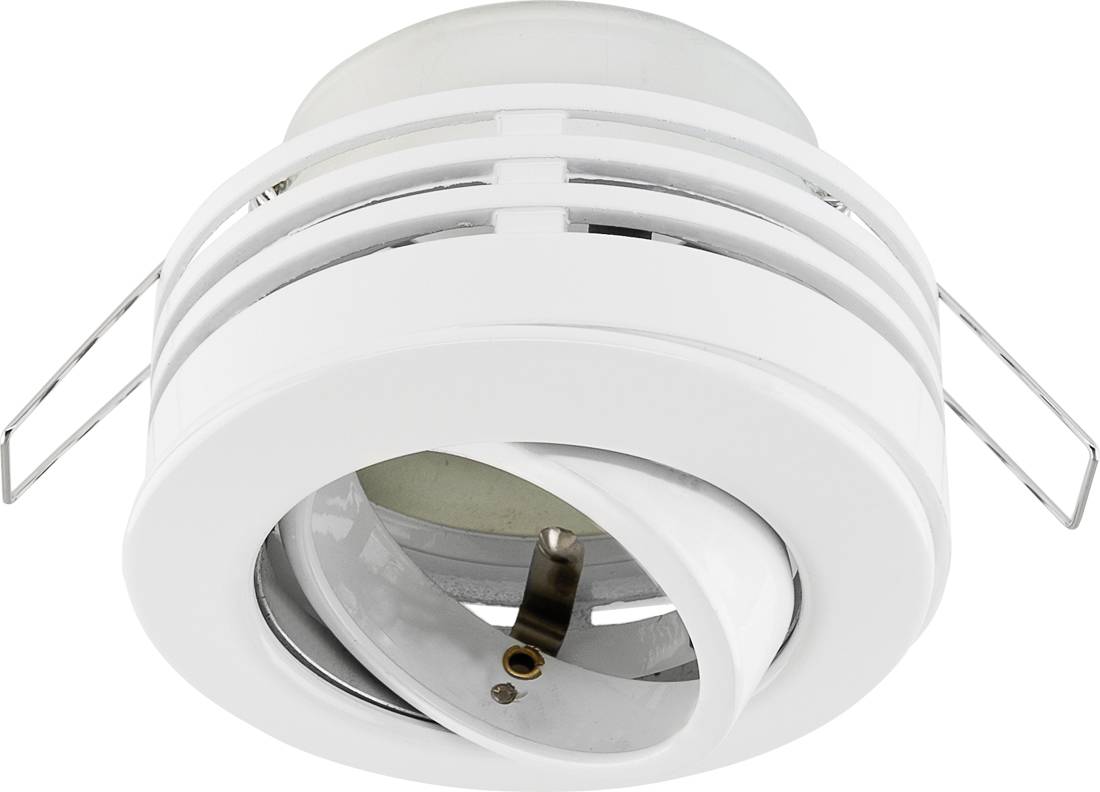 Weiße bündige Deckeneinbauleuchte mit verstellbarem innerem Lampenring und Federclips zur Installation.