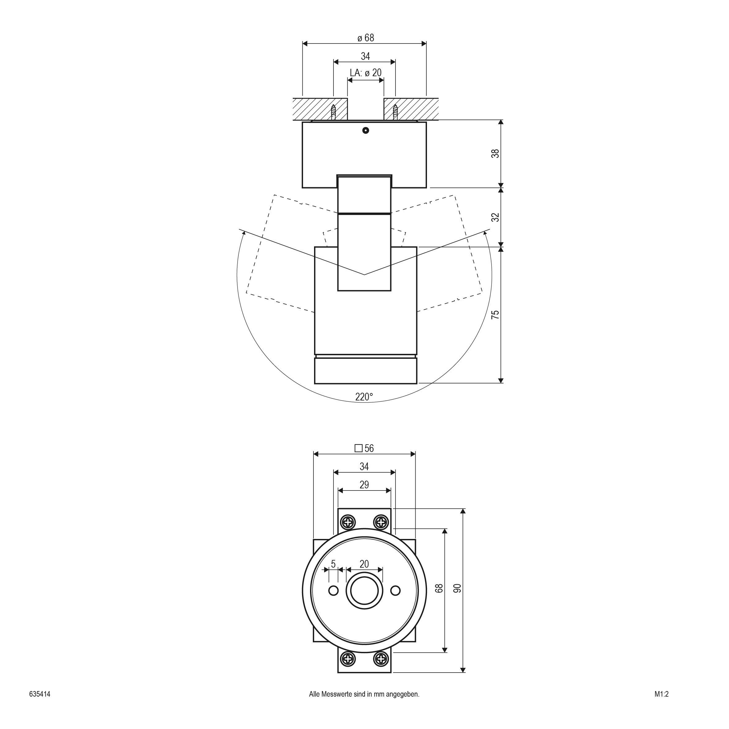 Technische Zeichnung eines zylindrischen Bauteils mit Maßangaben in Millimetern, inkl. Durchmesser, Winkeln und Schraubpositionen.