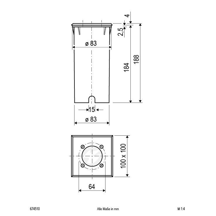 Technische Zeichnung eines zylindrischen Objekts mit einem Durchmesser von 83 mm und einer Höhe von 188 mm. Ansicht von oben und Seite gezeigt.