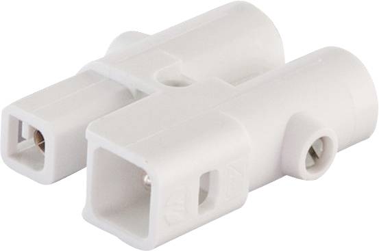 Weißer Kunststoffstecker mit zwei Anschlüssen, seitliche Schraublöcher zur Befestigung, rechteckige Form.