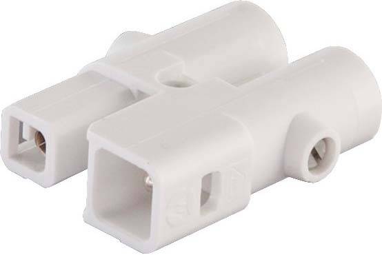 Weißer Kunststoffstecker mit zwei Anschlüssen, seitliche Schraublöcher zur Befestigung, rechteckige Form.