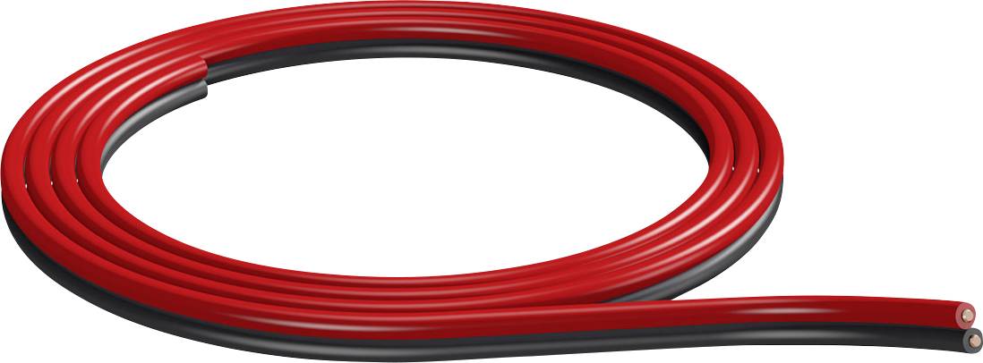 Eine rote und schwarze isolierte Kabelrolle, eng aufgerollt.