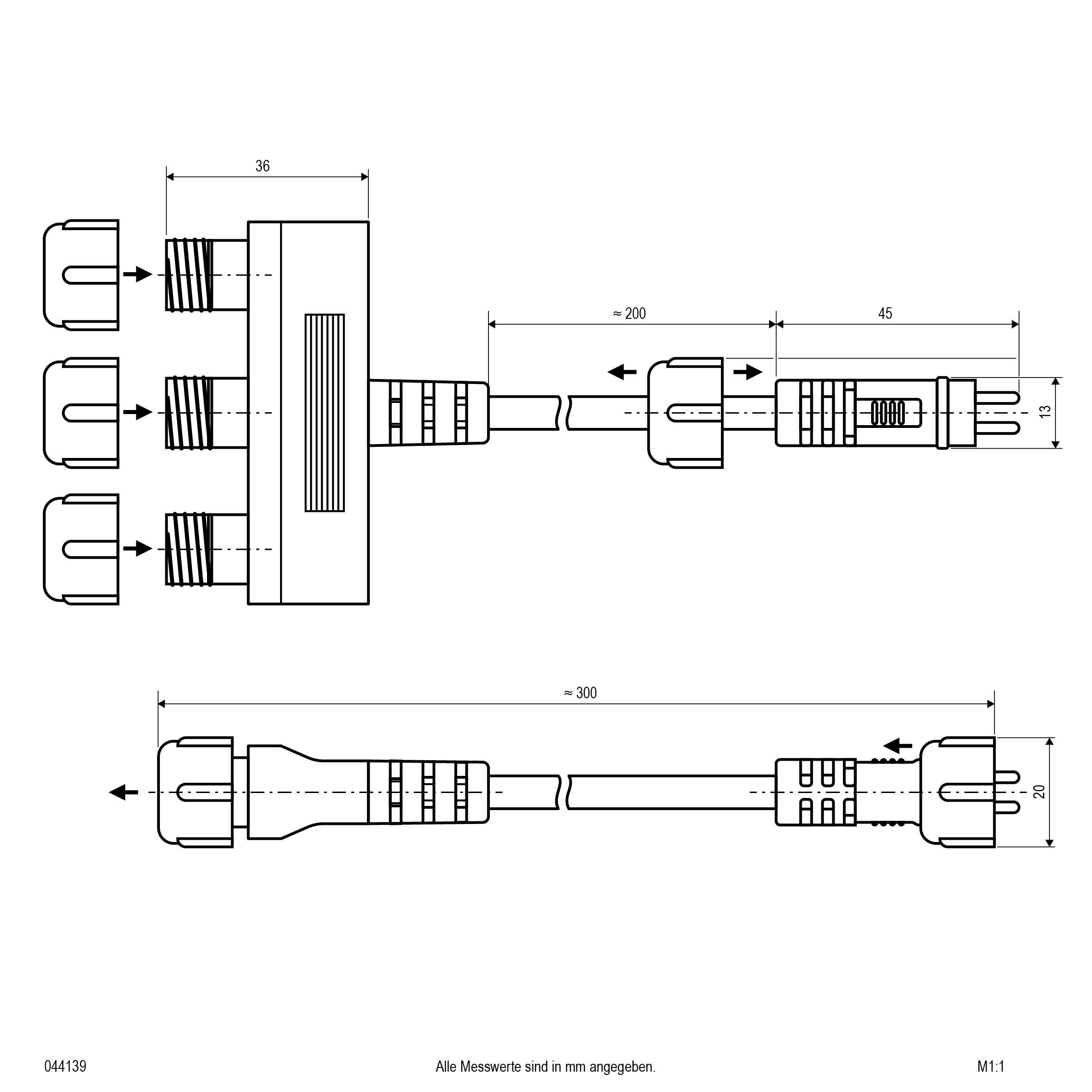 Technische Zeichnung eines Steckverbinders mit Maßen: Länge 200 mm und 300 mm, Breite 36 mm. Alle Maße sind in mm angegeben.