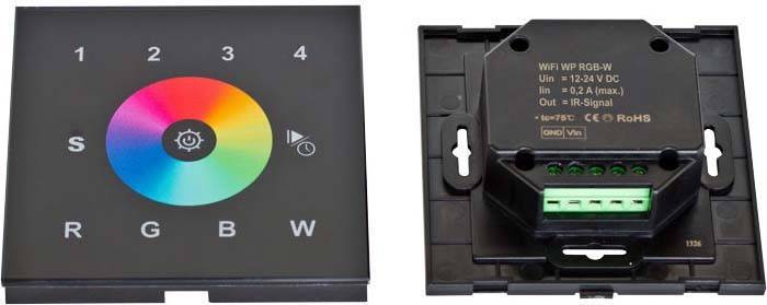 Touch-Panel für LED-Farbauswahl mit Zahlen 1-4 und Farbspektrum. Rechts ein WiFi-Controller mit Eingaben für Spannung und Strom.