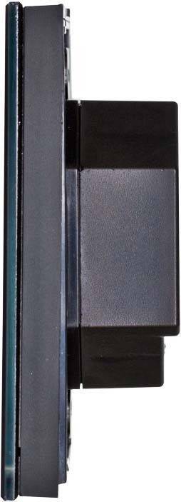 Seitliche Nahaufnahme eines elektronischen Geräts mit schwarzem Gehäuse und Display, möglicherweise ein Monitor oder ein Panel.