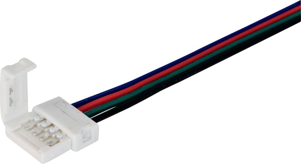 Ein 4-poliger LED-Strip-Verbinder mit einem offenen Kunststoffclip und vier farbigen Kabeln; ermöglicht den Anschluss von LED-Streifen.