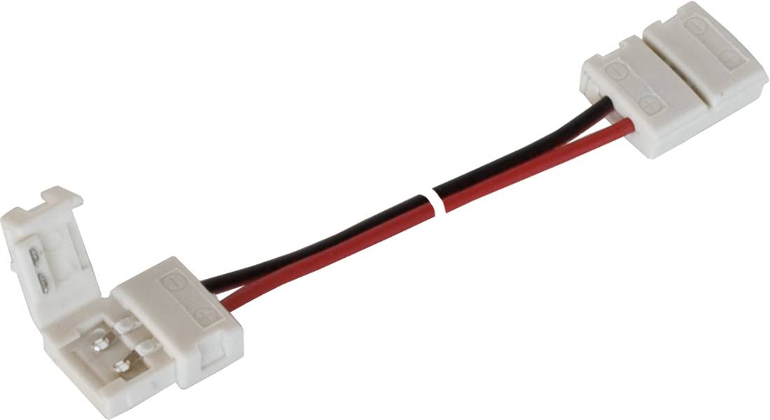 Weißer 2-poliger Elektrostecker-Adapter mit roten und schwarzen Drähten, die zwei weiße Stecker auf neutralem Hintergrund verbinden