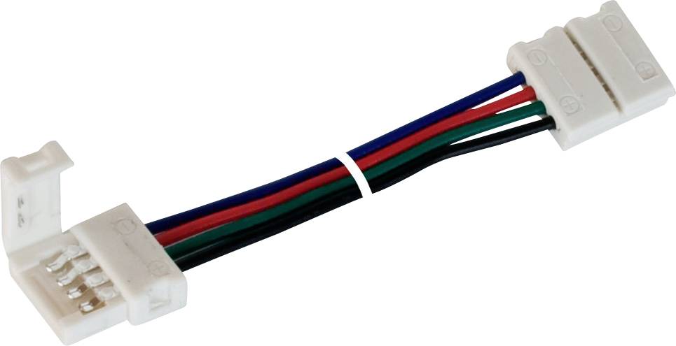 Ein LED-Streifen-Verbindungskabel mit vier farbigen Kabeln (schwarz, rot, grün, blau) und zwei weißen Steckverbindern an den Enden.