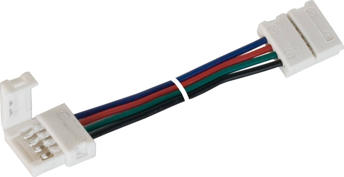 Nahaufnahme eines weißen mehrteiligen Elektrosteckers mit einem kurzen Bündel farbiger Drähte, die an einen passenden Stecker angeschlossen sind.