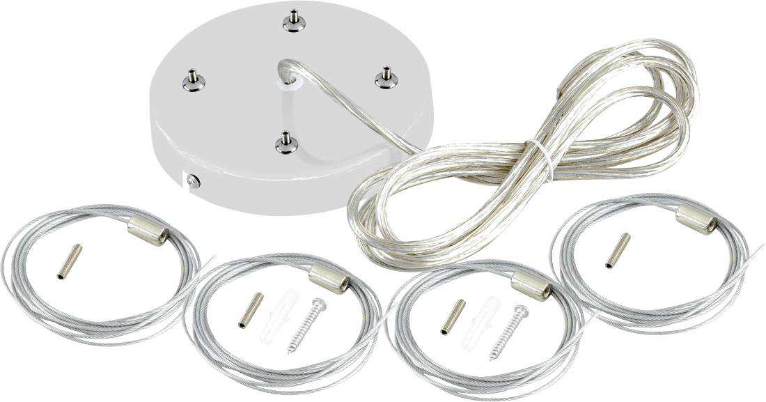 Technische Zeichnung eines runden Deckenanschlusses mit Maßen in Millimetern; zeigt Draufsicht, Seitenansicht und Bohrungslayout.