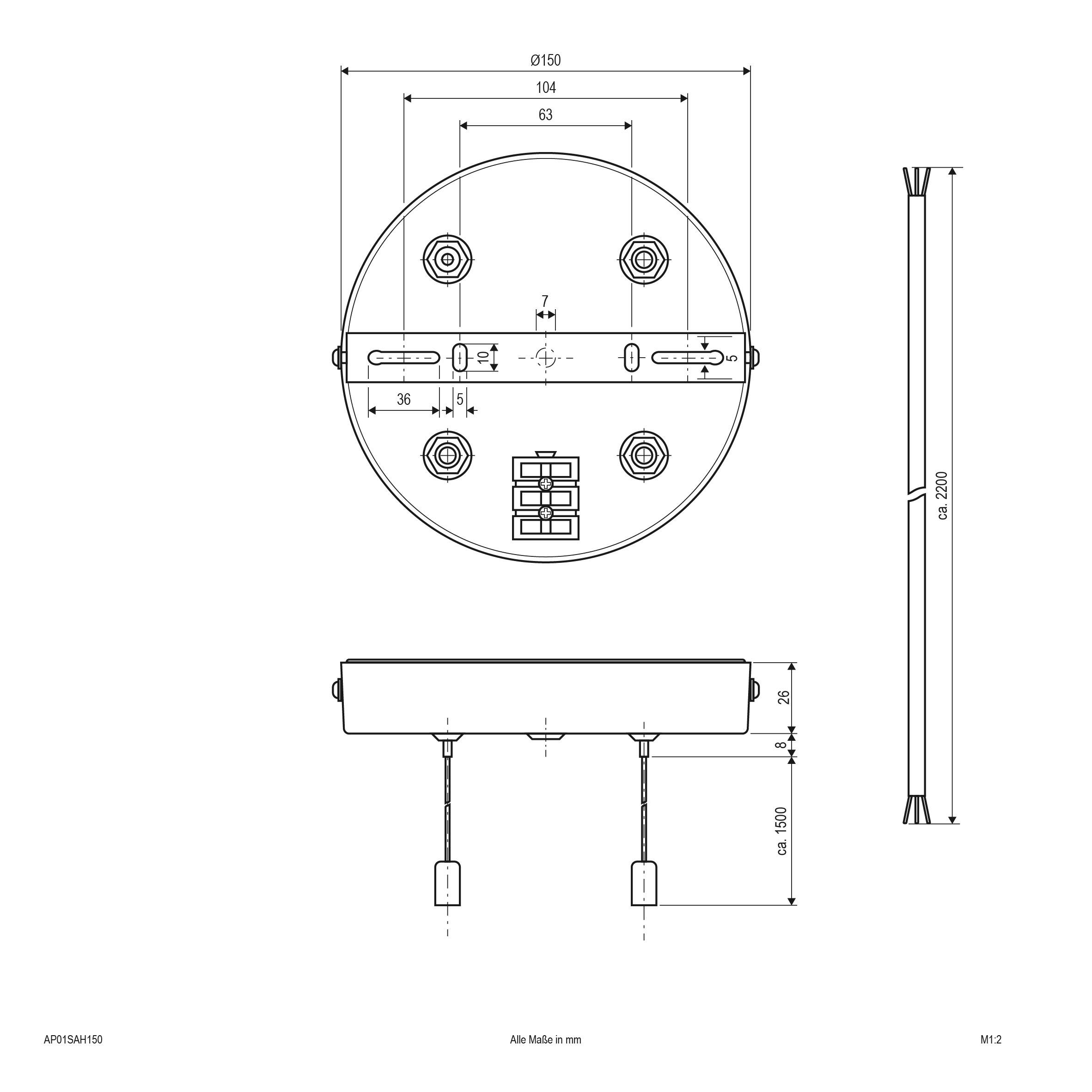 Technische Zeichnung eines runden Deckenanschlusses mit Maßen in Millimetern; zeigt Draufsicht, Seitenansicht und Bohrungslayout.