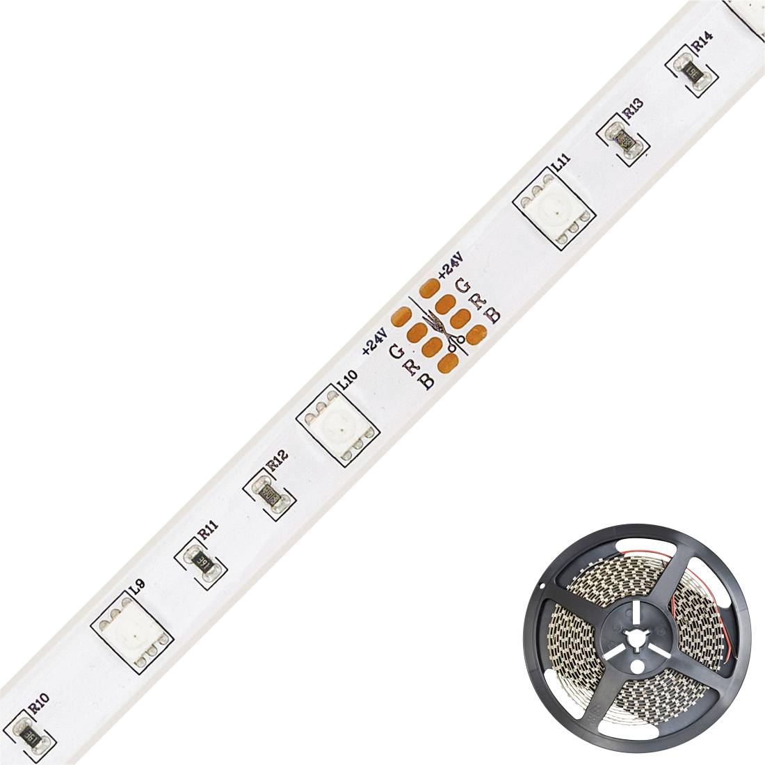 LED-Lichtleiste mit RGB-Farbsteuerung und daneben eine aufgerollte LED-Leiste. Ideal für flexible Beleuchtungslösungen.
