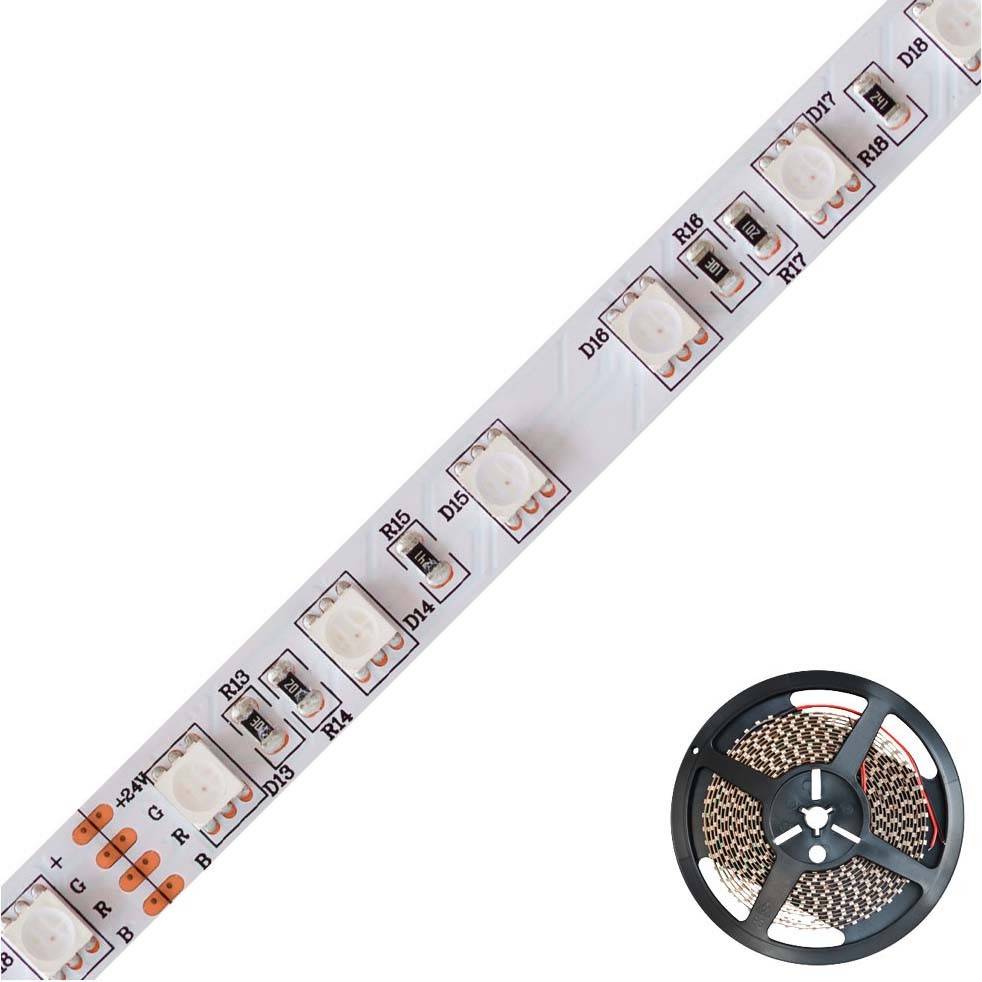 LED-Lichtleiste mit RGB-LEDs, daneben eine aufgerollte Spule, die flexible und anpassbare Beleuchtungslösungen zeigt.