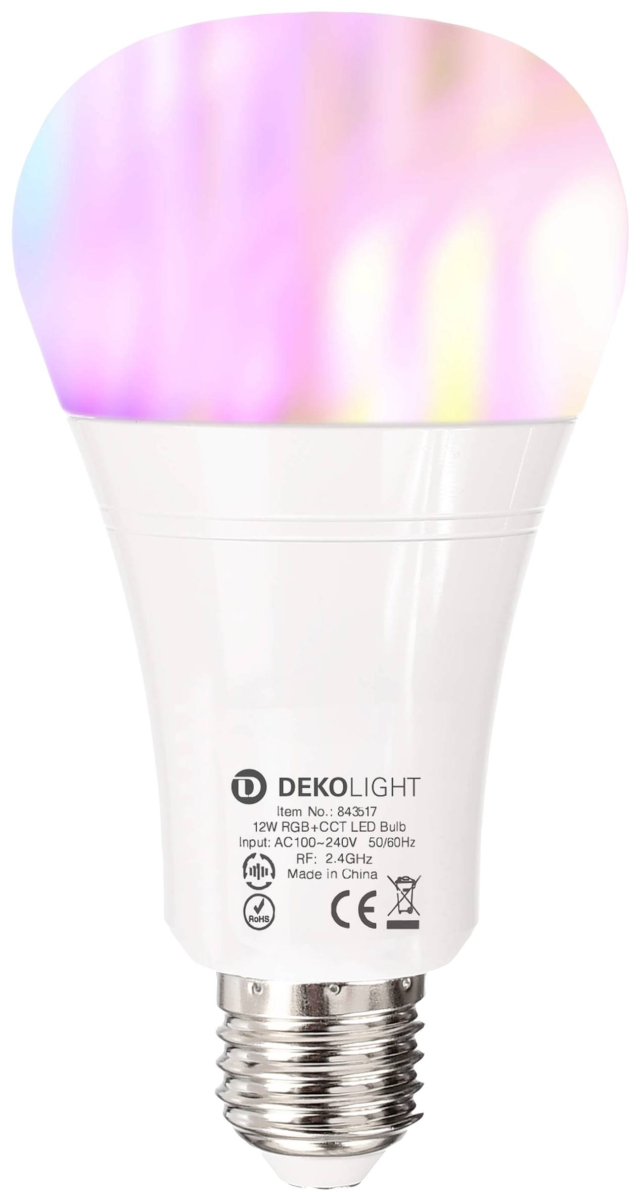 Eine LED-Glühbirne mit wechselndem, buntem Licht. Sie ist für smarte Beleuchtung konzipiert und mit DEKOLIGHT-Logo und technischen Daten versehen.