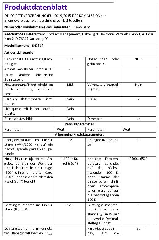 Produktdatenblatt für LED-Lichtquelle. Hersteller: Deko-Light. Artikelnummer: 843517. Lichtstrom: 690 lm, Leistungsaufnahme: 4,7 W, Energieklasse: F.