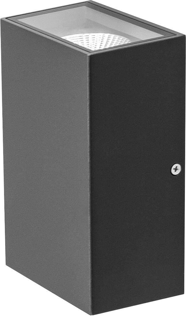 Rechteckige, schwarze Außenwandleuchte mit modernem Design, einem nach oben und unten gerichteten Lichtstrahl.