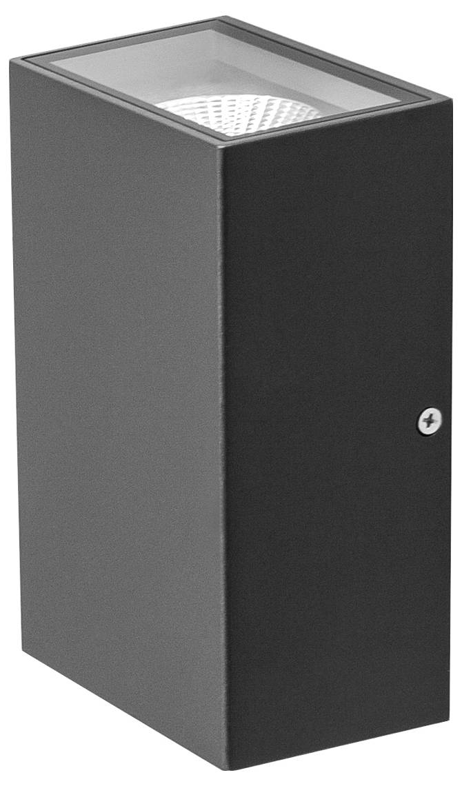 Technische Zeichnung: Ansicht und Maße einer rechteckigen Wandhalterung, einschließlich seitlicher und vorderer Perspektive. Maße in mm.