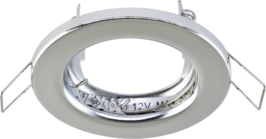 Versenkte runde silberne LED-Einbauleuchte mit Federklemmen und 12V-Markierungen auf dem inneren Ring.