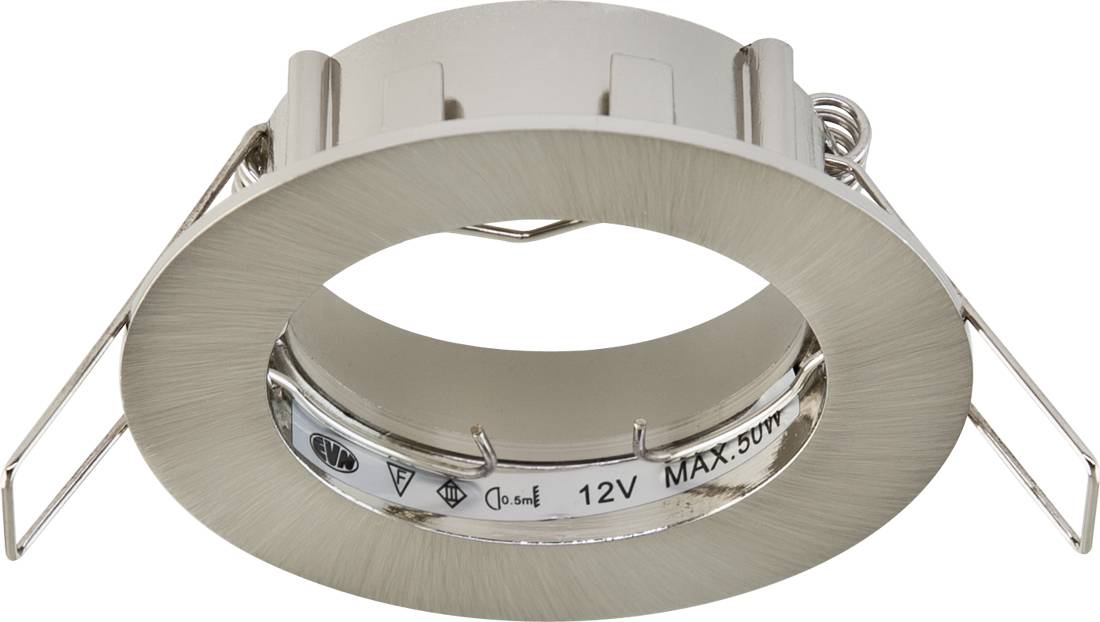 Gebürstete Metall-LED-Einbauleuchte mit Federclips und sichtbarem Etikett '12V MAX. 50W'.