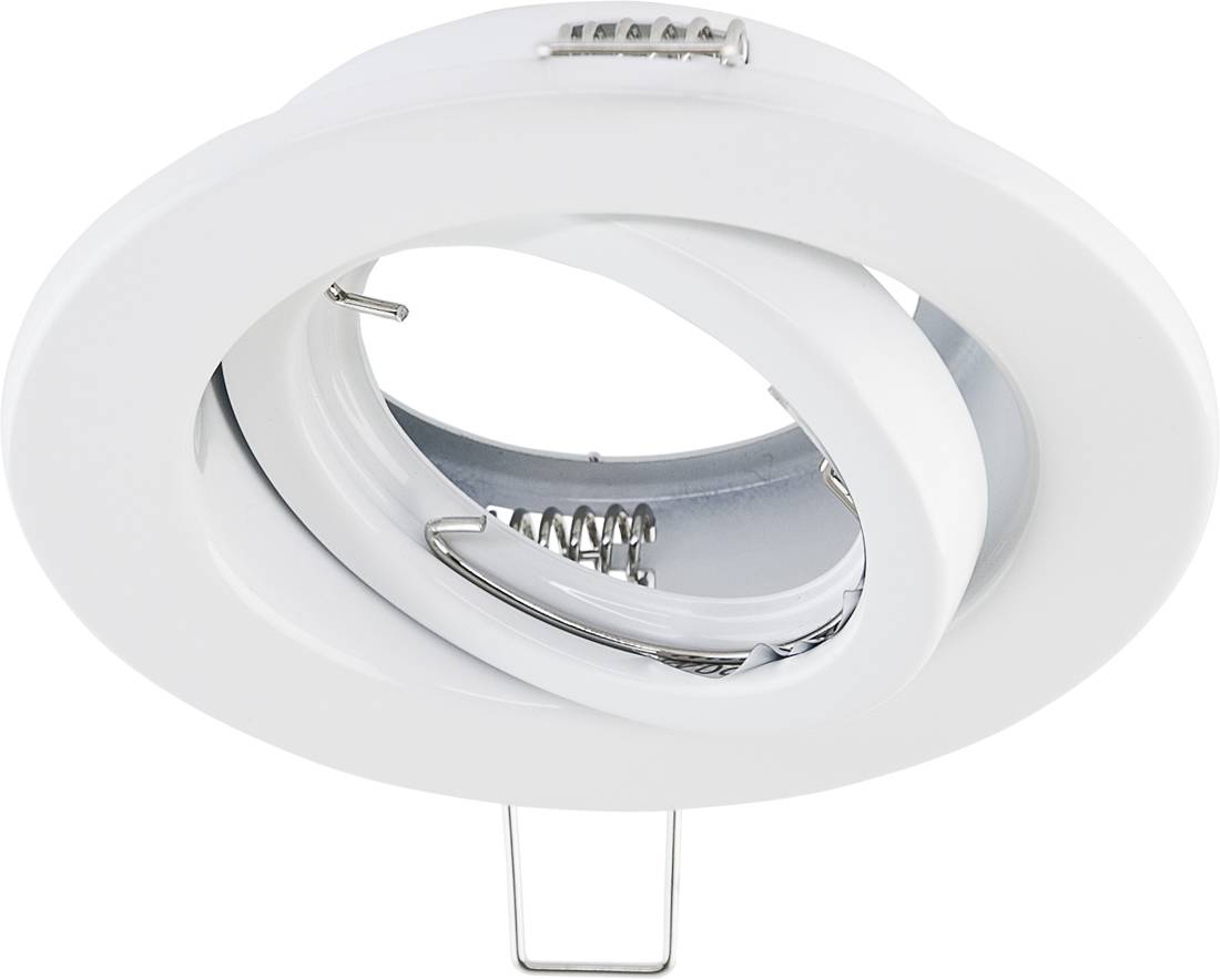 Runde weiße Einbau-Deckenleuchte mit verstellbarem inneren Ring und sichtbarem Federklemmsystem.
