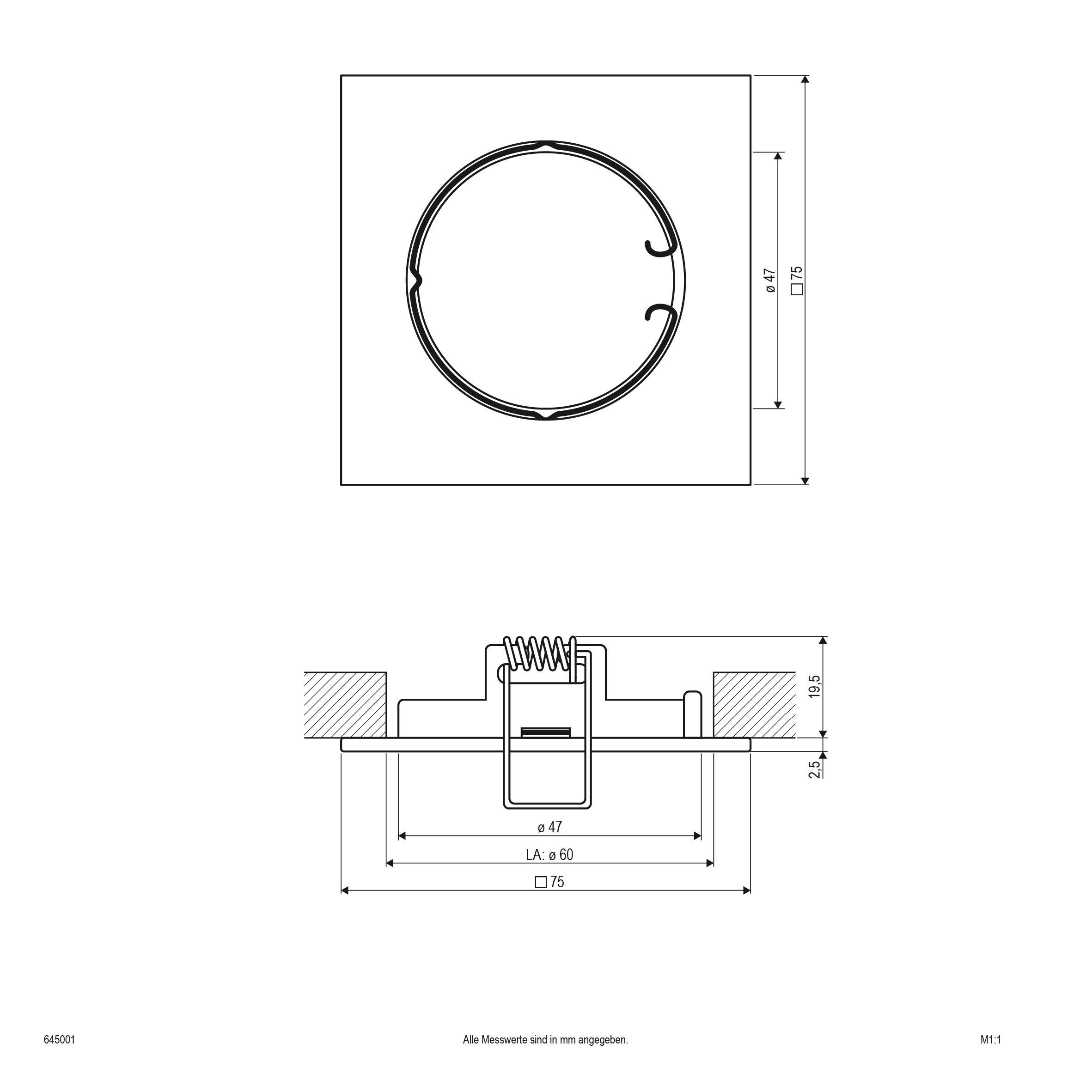 Technische Zeichnung eines quadratischen Elements mit kreisförmiger Öffnung. Seitenansicht zeigt Spannmechanismus. Maße sind angegeben.