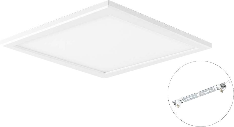 Quadratische Deckenleuchte mit weißem Rahmen und integriertem LED-Treiber.