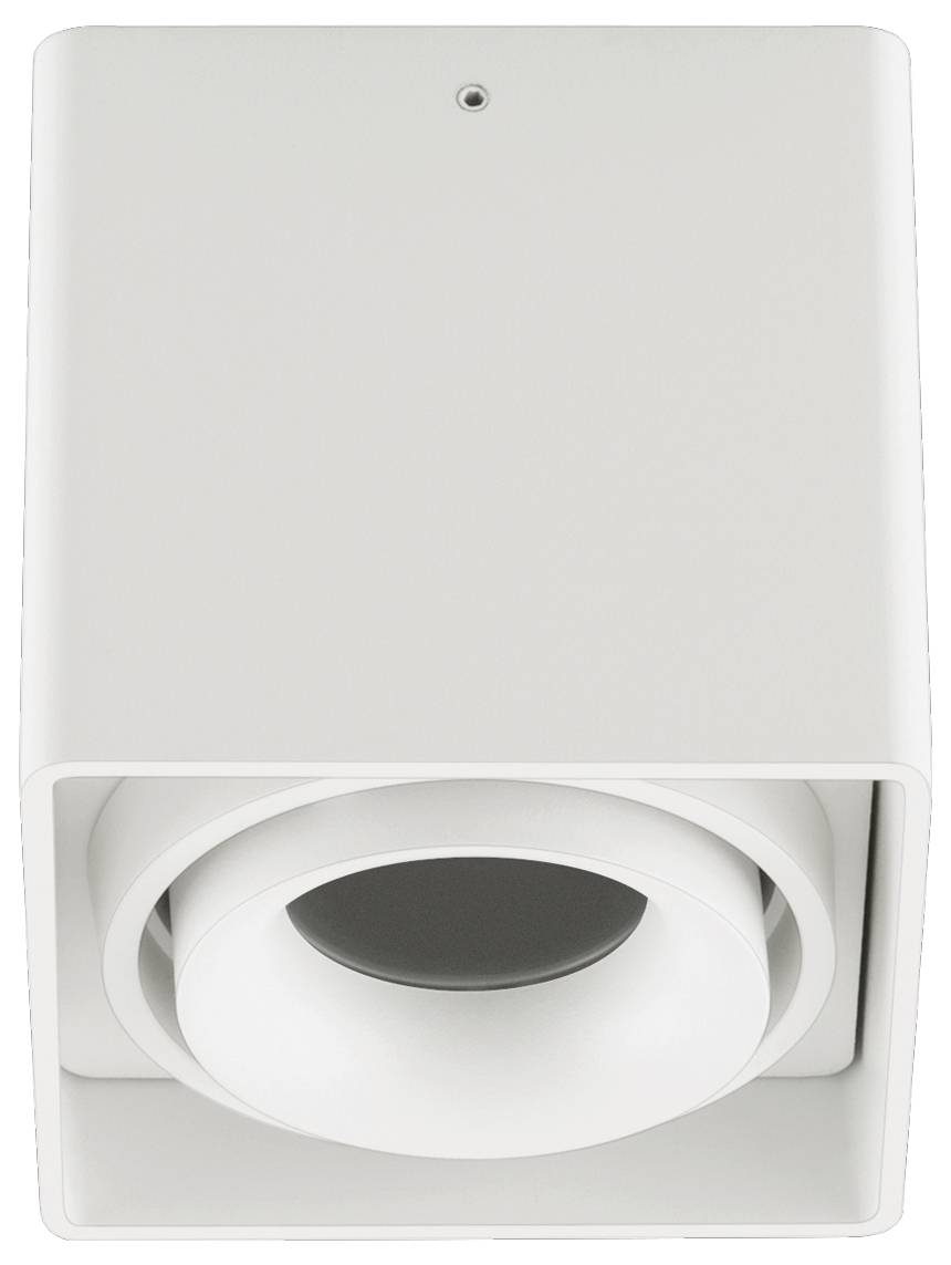 Weiße quadratische, an der Decke montierte Spotlicht-Leuchte mit verstellbarem rundem Einbaulampenelement und kleinem Sensor oder Indikator auf der Vorderseite.