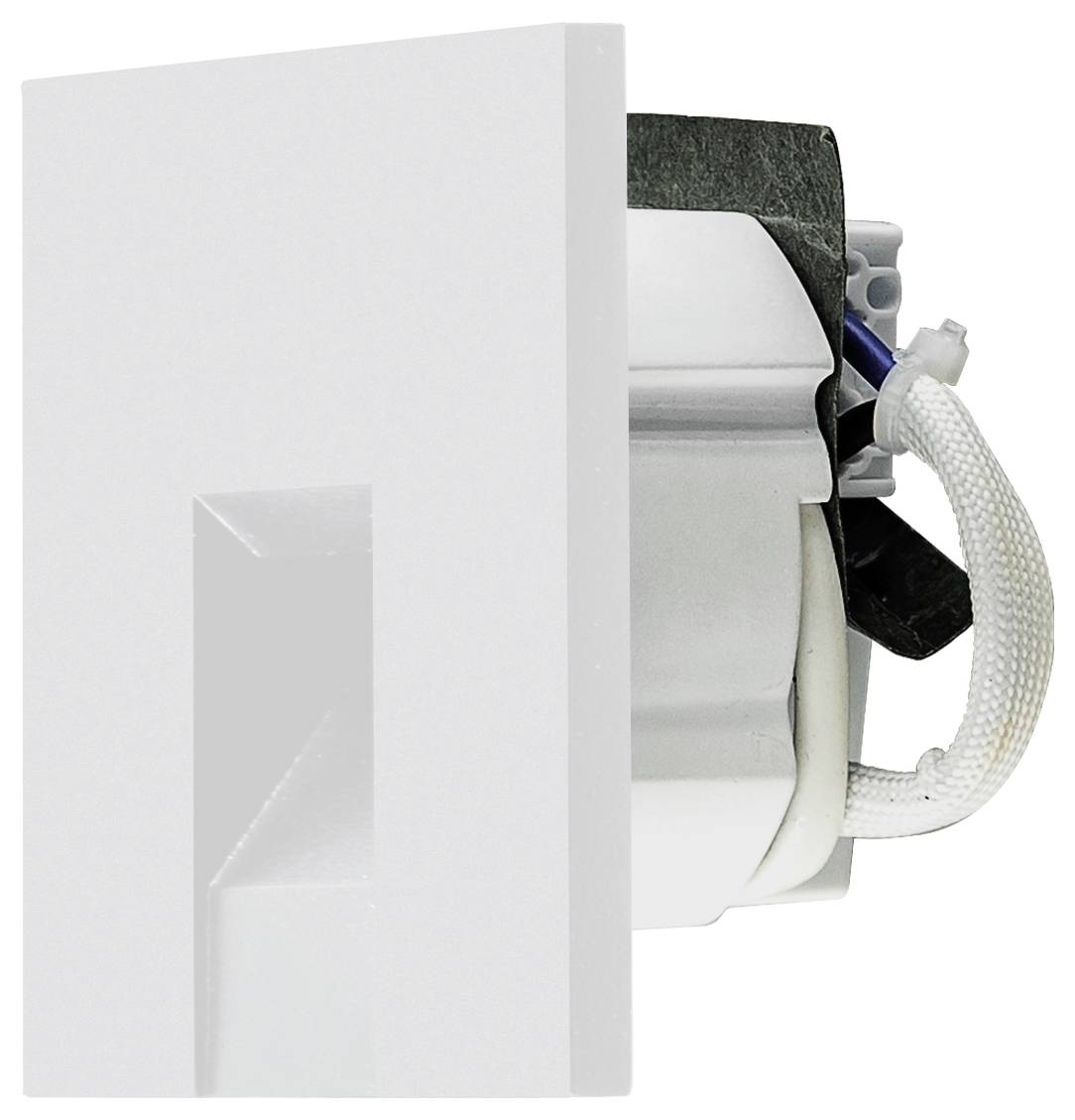 Weiße eingelassene Wandleuchte mit sichtbarer Verkabelung und Montagezubehör, gezeigt in Seitenansicht auf weißem Hintergrund.