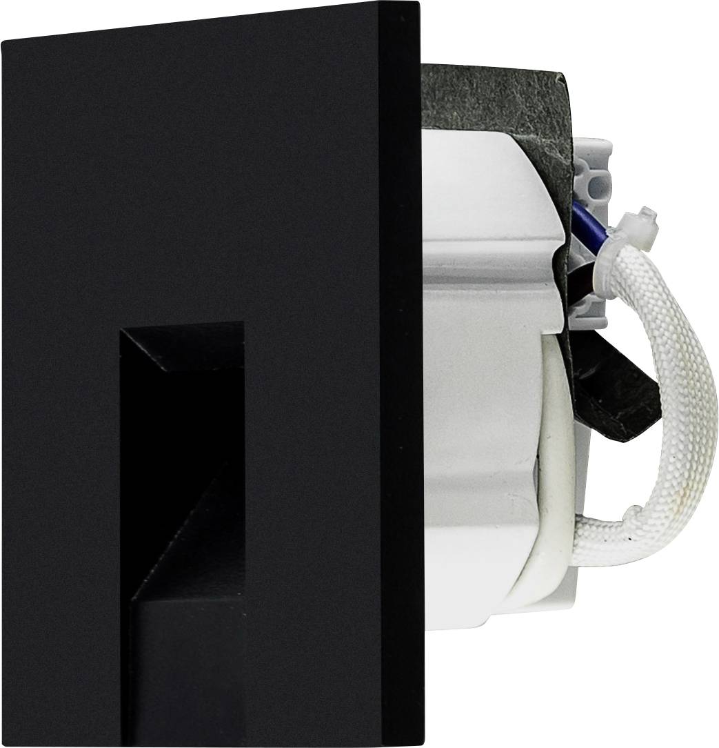 Technische Zeichnung einer elektrischen Bauteilschnittstelle mit Abmessungen und Anschlüssen, Ansicht von oben und Seite.