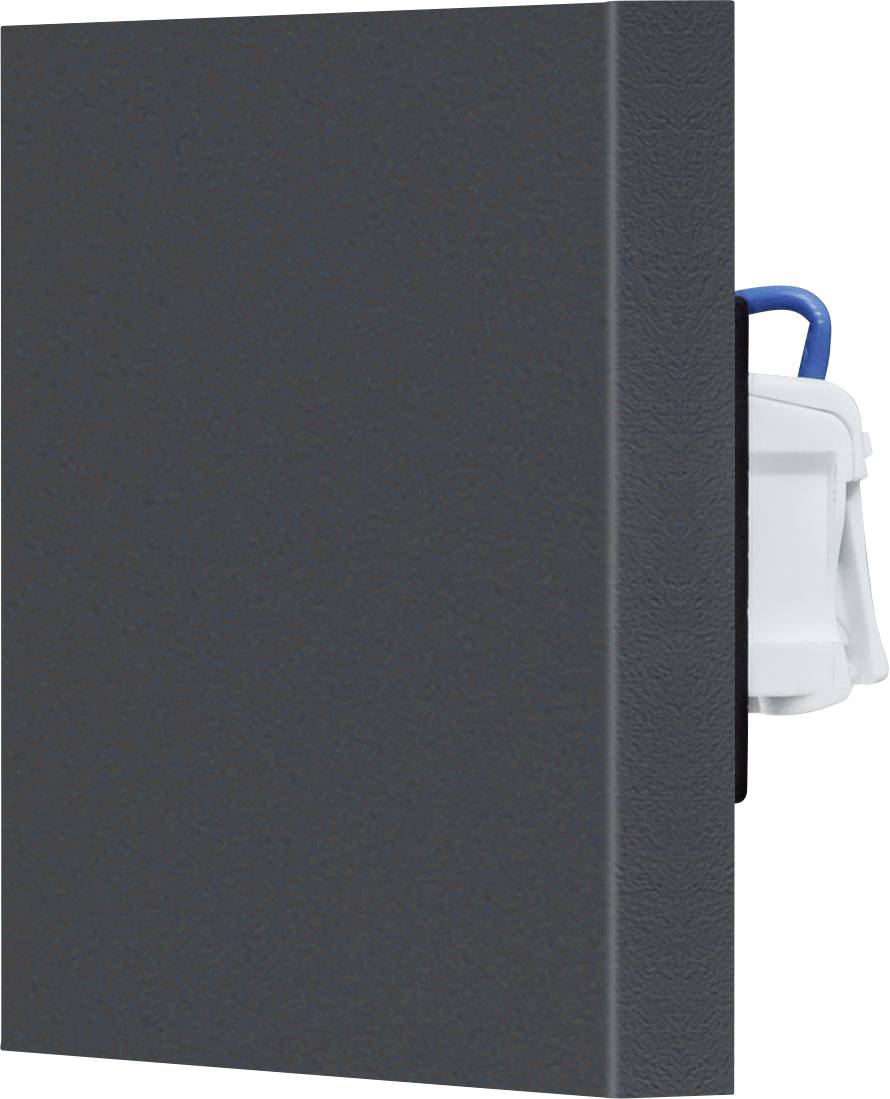 Technische Zeichnung eines elektrischen Anschlusses. Zeigt Vorder- und Unteransicht mit Maßen in Millimetern. Hauptkomponenten sind detailliert beschrieben.