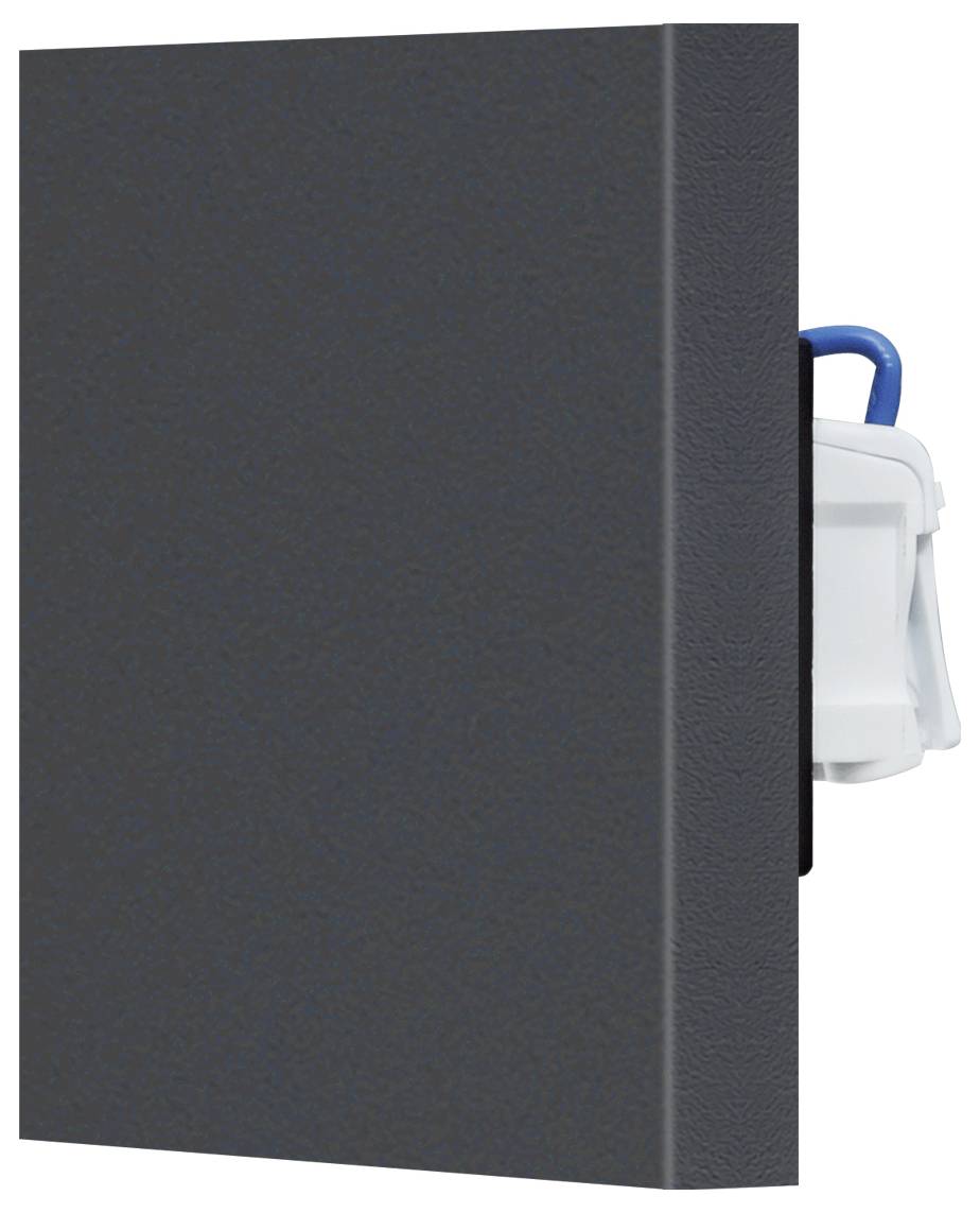 Geschlossener dunkler Schrank oder Paneele mit einem weißen Behälter, der hinter der rechten Kante teilweise sichtbar ist und nur einen Griff und die Oberseite zeigt.