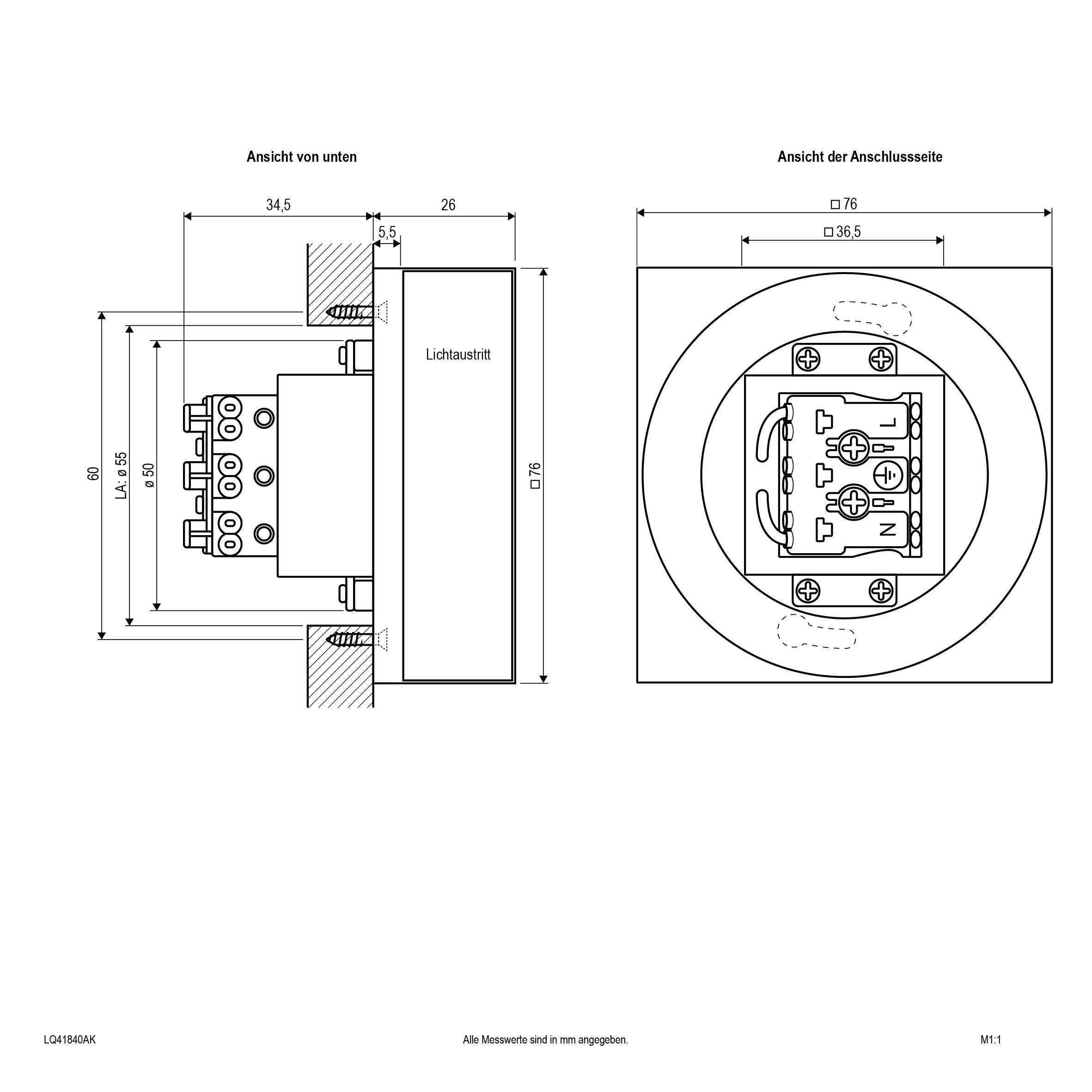 Eine technische Zeichnung eines elektrischen Steckverbinders. Links: Seitenansicht mit Abmessungen; rechts: Vorderansicht mit Anschlussdetails.