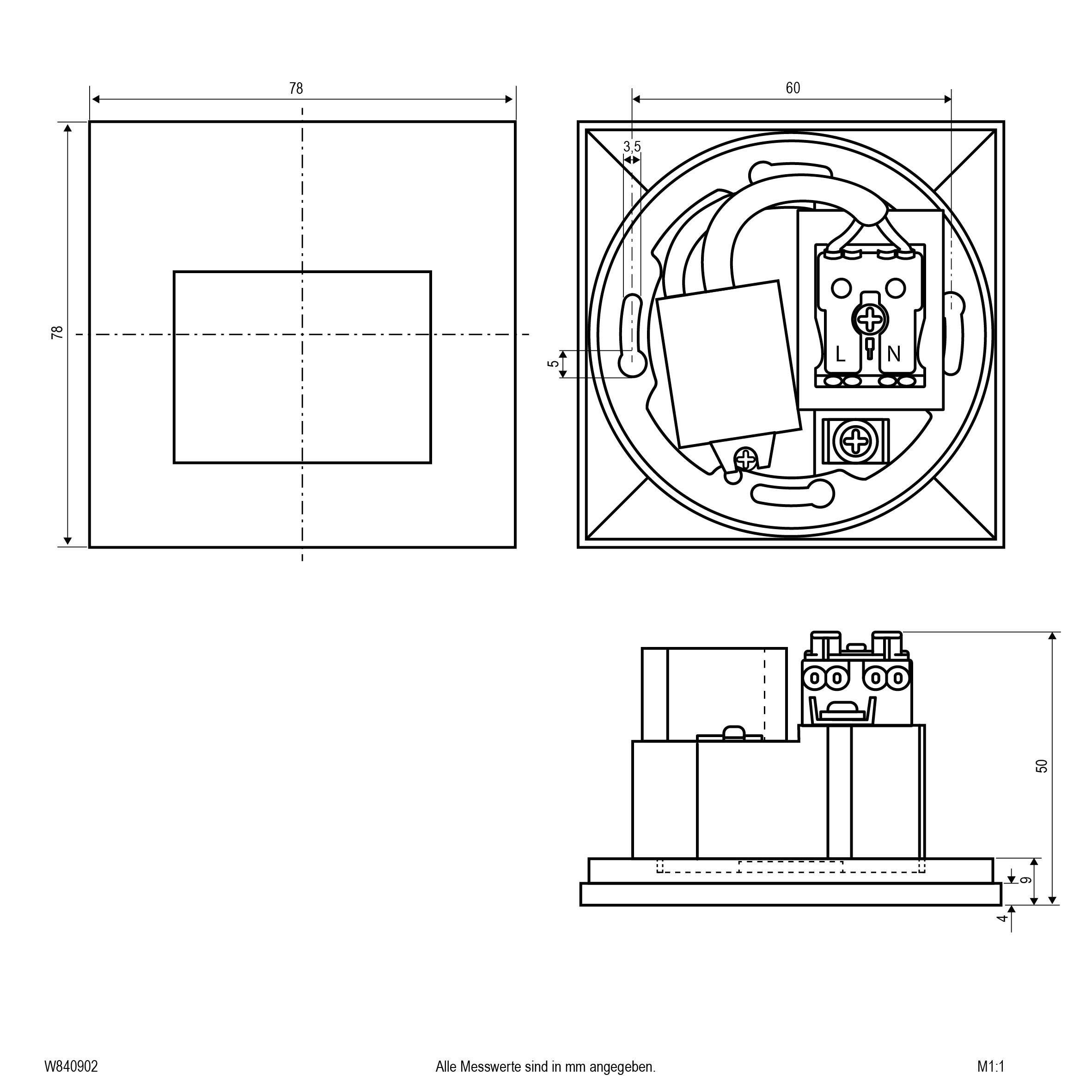 Technische Zeichnung einer elektronischen Komponente mit Abmessungen. Oberansicht zeigt runde Bauteile, Seitenansicht mit Blockelementen.