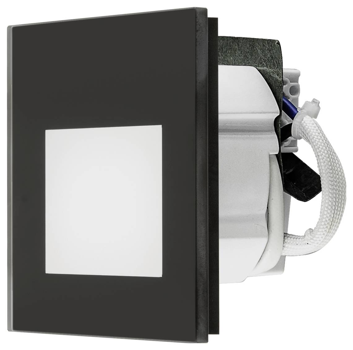 Schwarze Wandleuchte mit weißem Wippschalter und freigelegten Drähten auf der Rückseite, in Profilansicht vor weißem Hintergrund dargestellt.