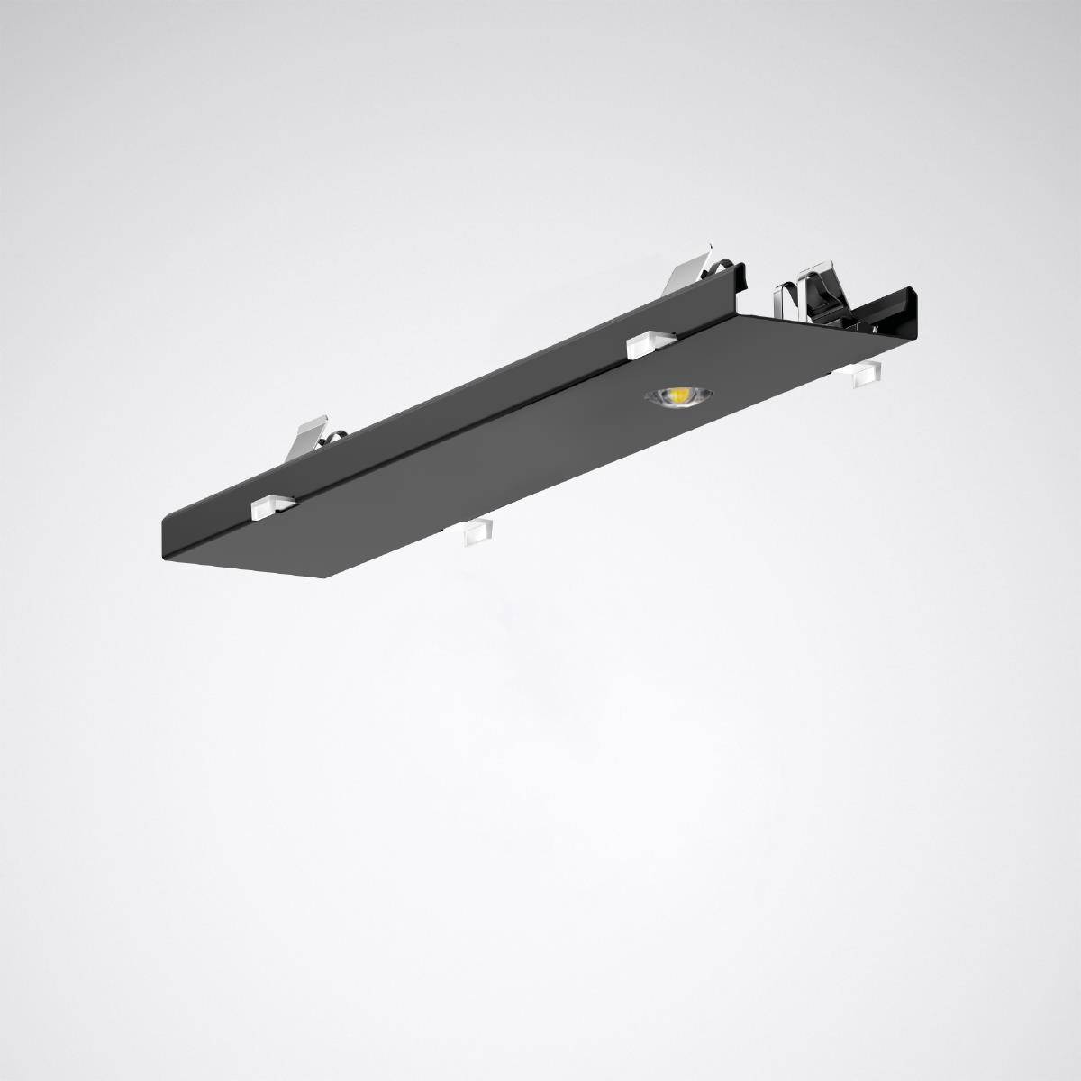Ein rechteckiger, schwarz-grauer, deckenmontierter LED-Strahler mit modernen Chromakzenten, geeignet für direkte Beleuchtung.