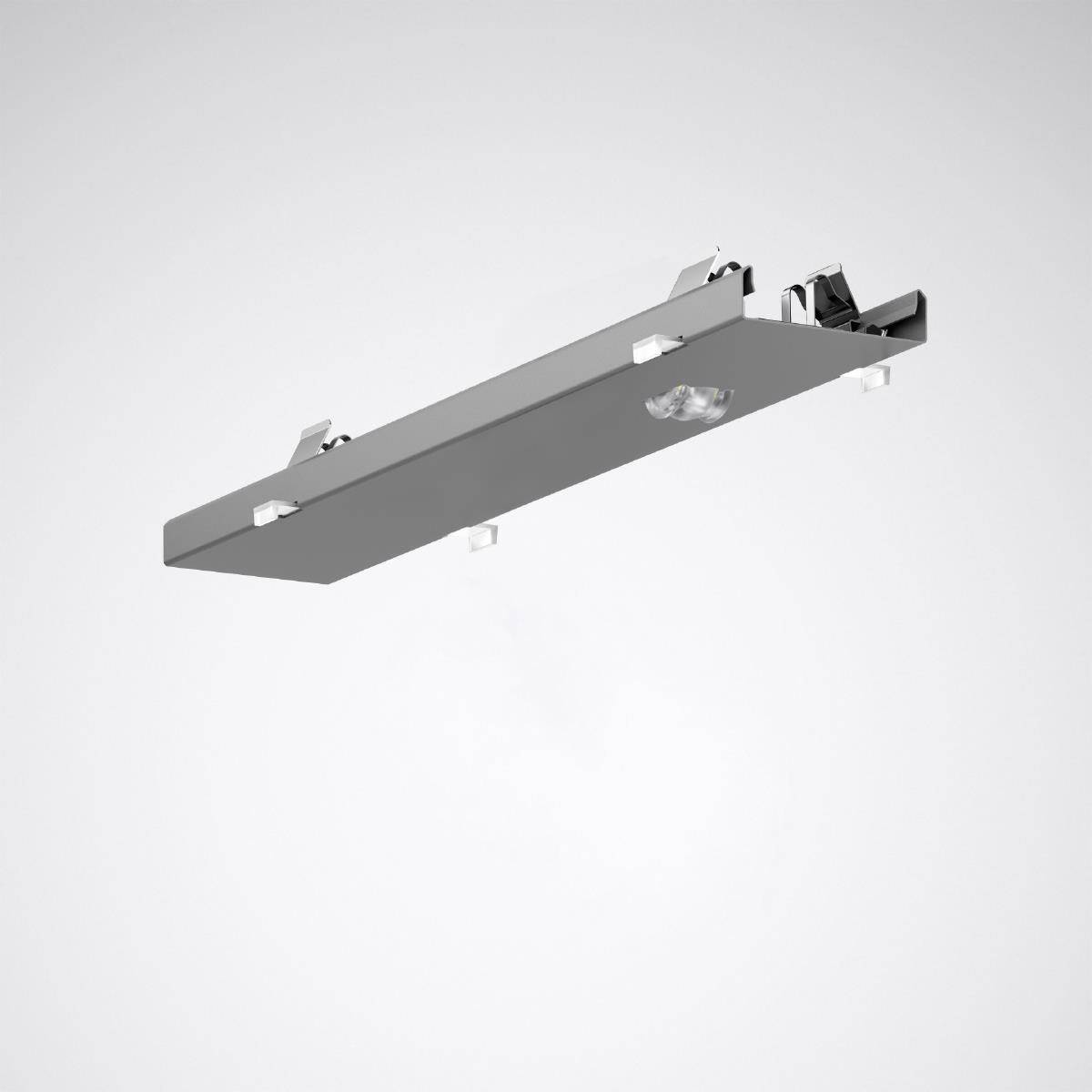 Ein modernes, rechteckiges, silberfarbenes Deckenelement mit integrierter Beleuchtung vor grauem Hintergrund.