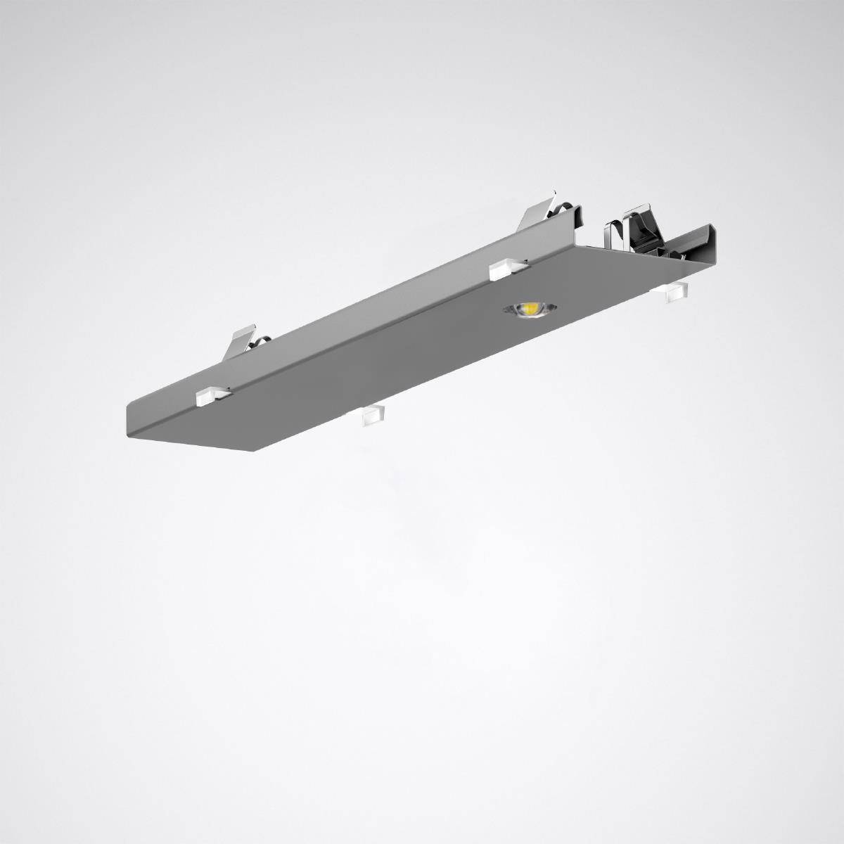 Deckenleuchte mit modernem, rechteckigem Design, silberfarbene Oberfläche, ohne sichtbare Lampen, auf grauem Hintergrund.