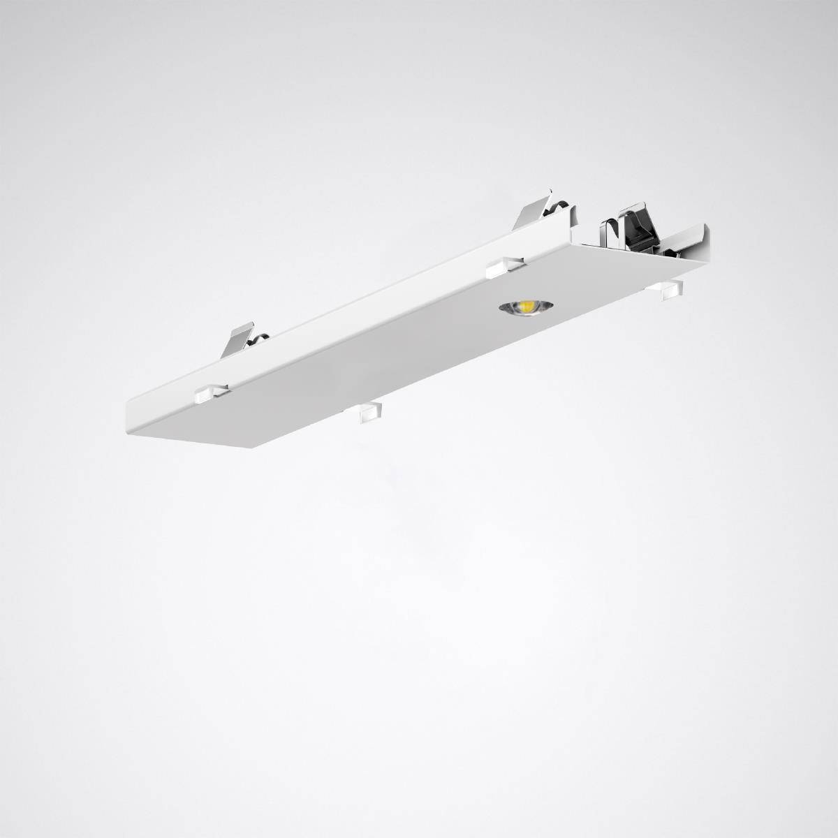 Weiße rechteckige Deckenleuchte mit zentralem LED-Licht, modernem Design und klaren Linien, montiert an einer glatten, grauen Decke.