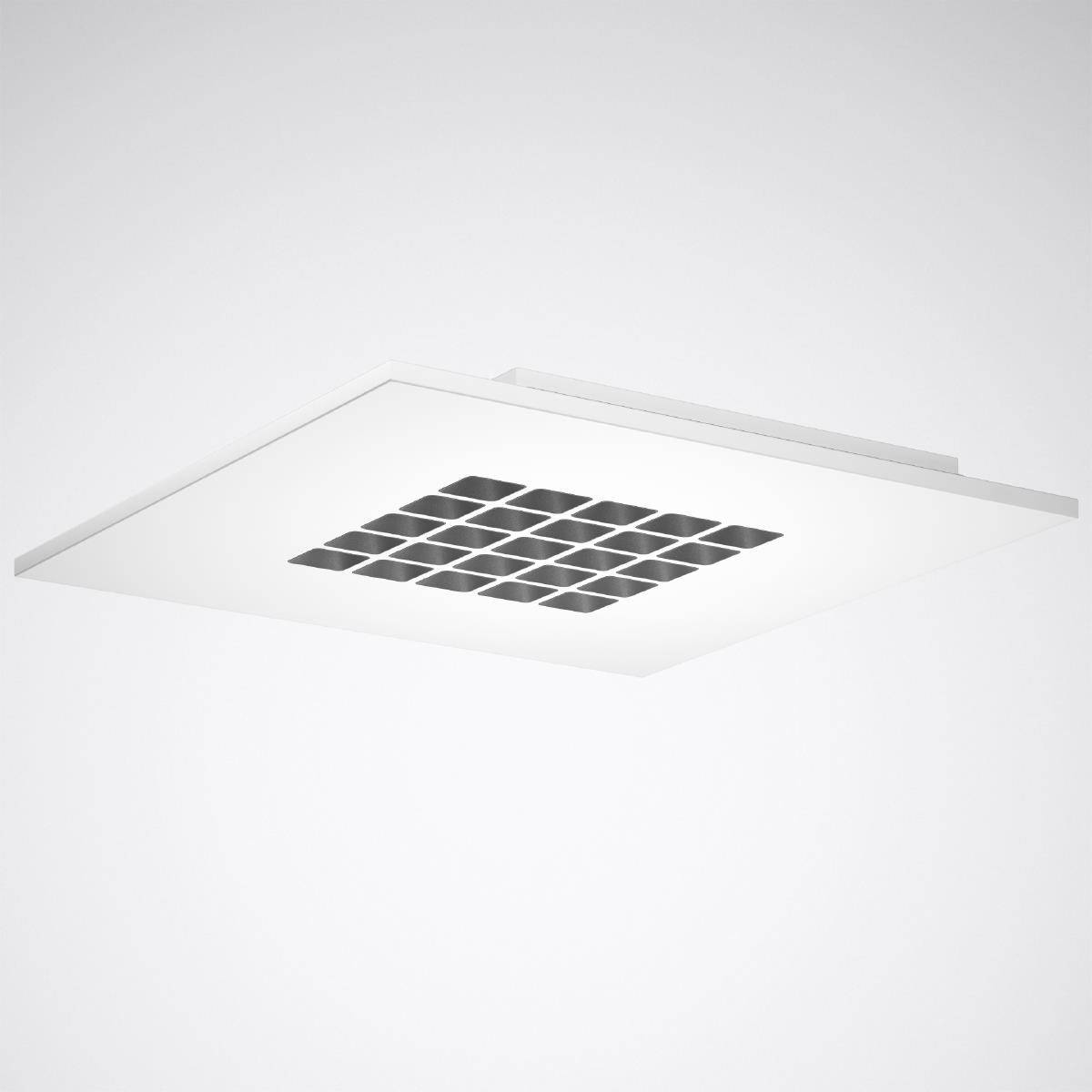 Ein weißer, quadratischer Deckenauslass mit Gittersystem für Belüftung in einem modernen Innenraum. Gezeigt aus seitlicher Perspektive.