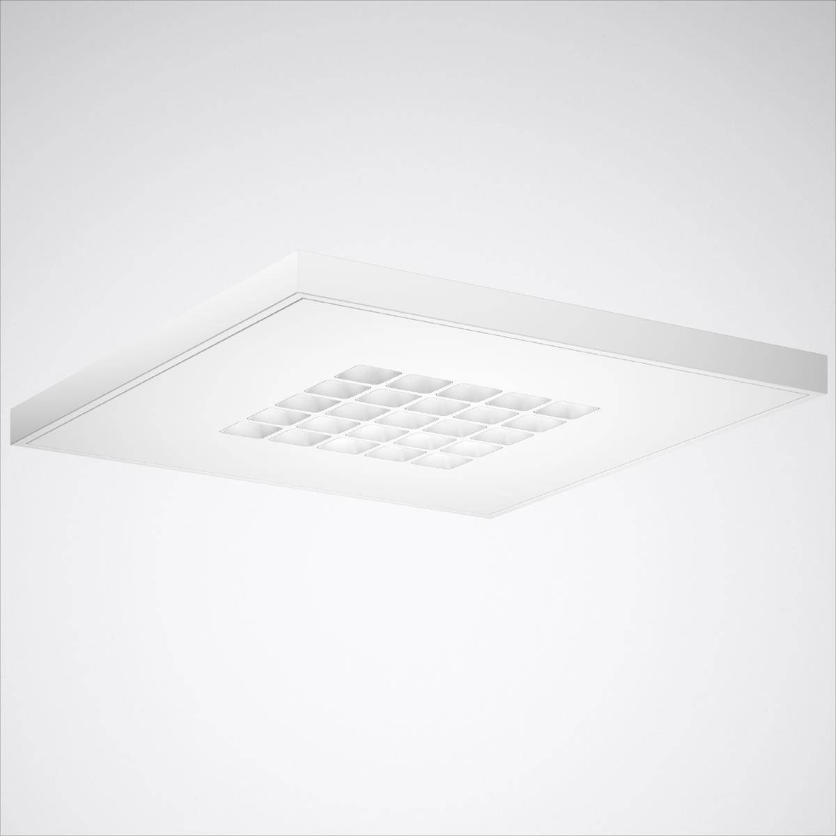 Weiße, quadratische Deckenleuchte mit Gittermuster, montiert an einer weißen Decke. Minimalistisches Design für moderne Innenräume.