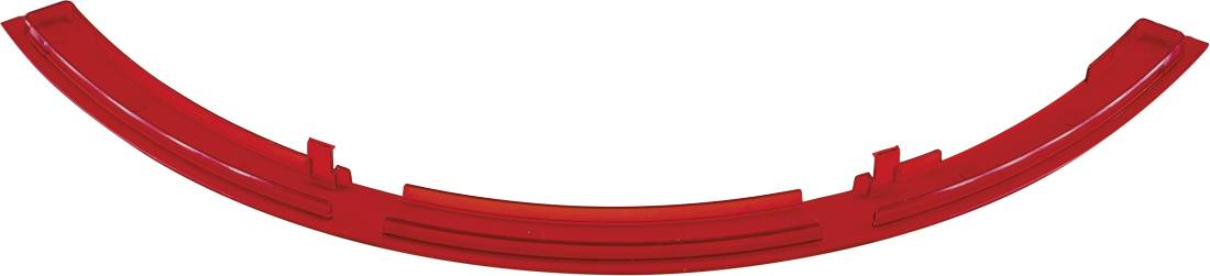 Rotes gekrümmtes Kunststoff-Schienenstück mit Verbindungslaschen, gezeigt auf weißem Hintergrund.