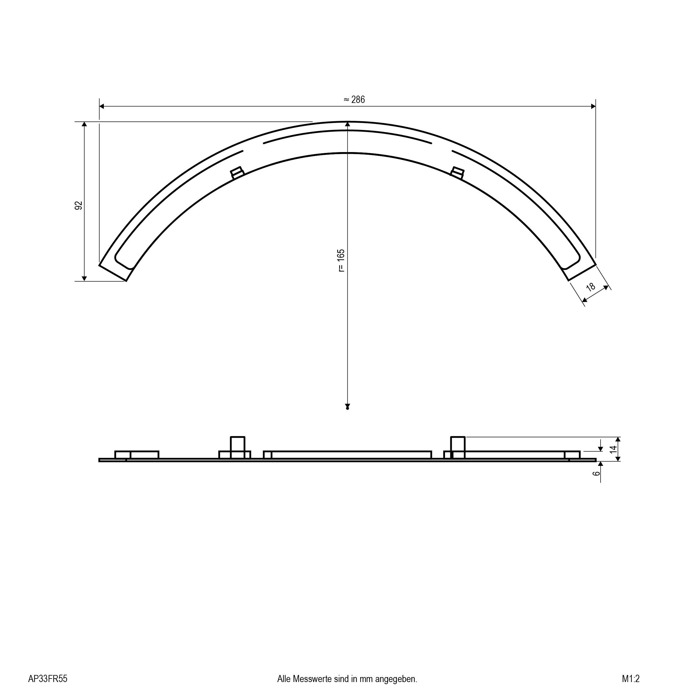 Technische Zeichnung eines gebogenen Teils mit Maßangaben. Breite 286 mm, Höhe 195 mm. Maßangaben in Millimetern. Draufsicht und Seitenansicht.
