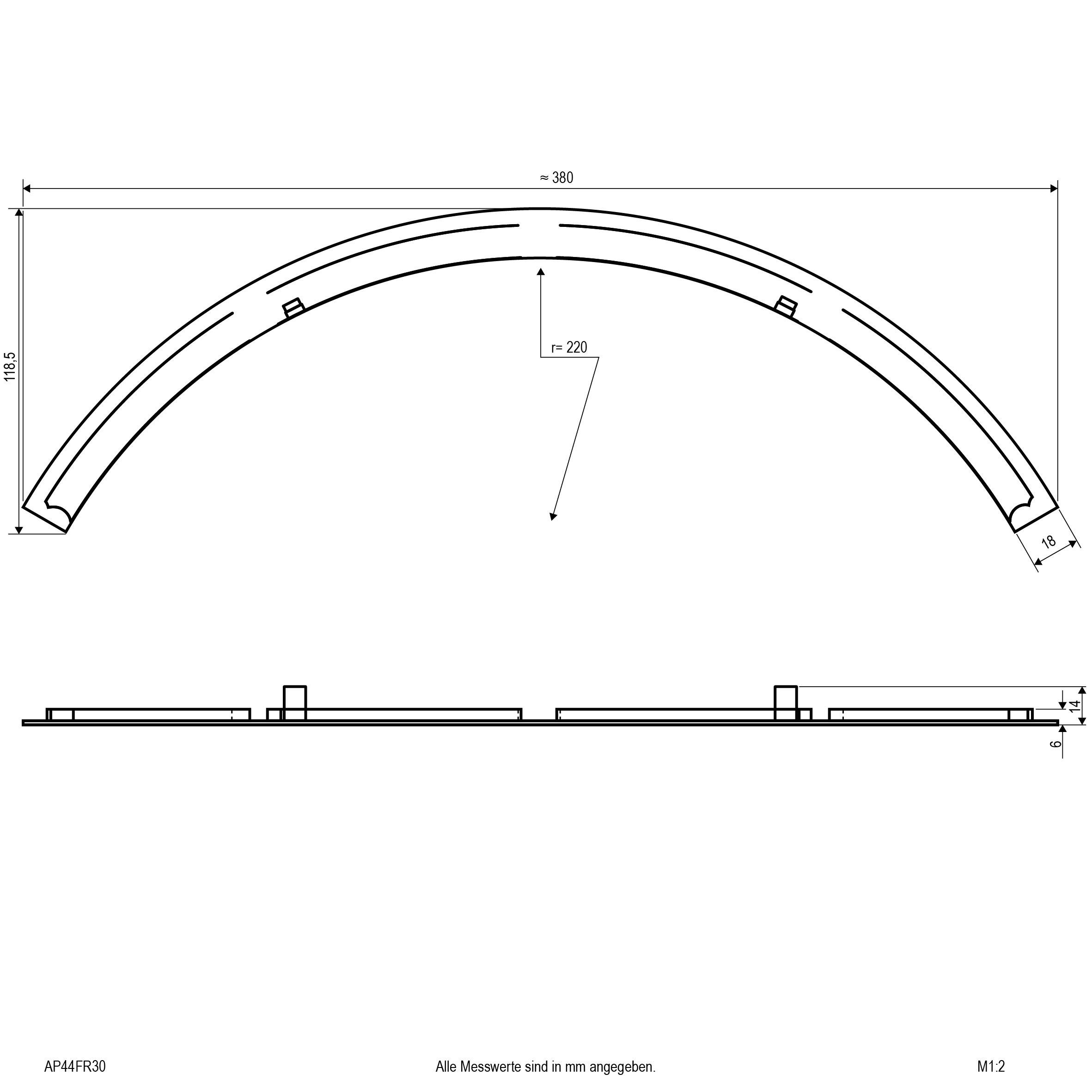 Technische Zeichnung eines gebogenen Bauteils, Länge 380 mm, Höhe 115 mm, Durchmesser 270 mm. Seitliche Ansicht zeigt Flächen und Maße.