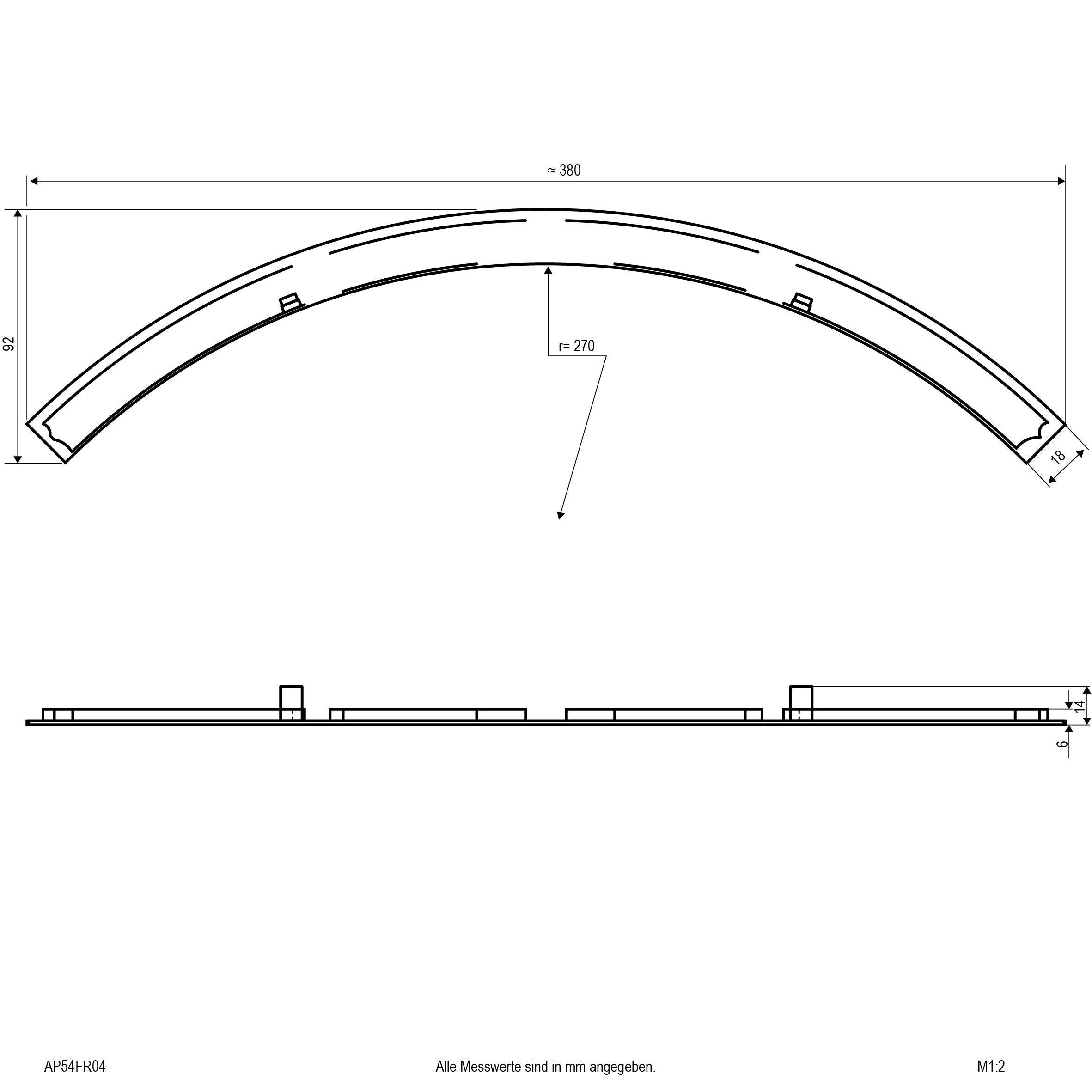 Technische Zeichnung eines gebogenen Bauteils mit spezifischen Abmessungen: Länge 380 mm, Radius 270 mm, Höhe 52 mm. Maßangaben in mm.