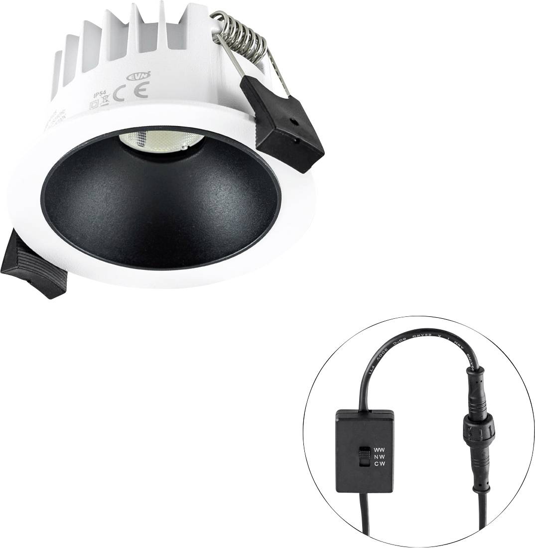 Technische Zeichnung eines runden, eingebauten Downlights mit maßlichen Details. Oben Draufsicht, unten Seitenansicht. Maße in Millimetern.