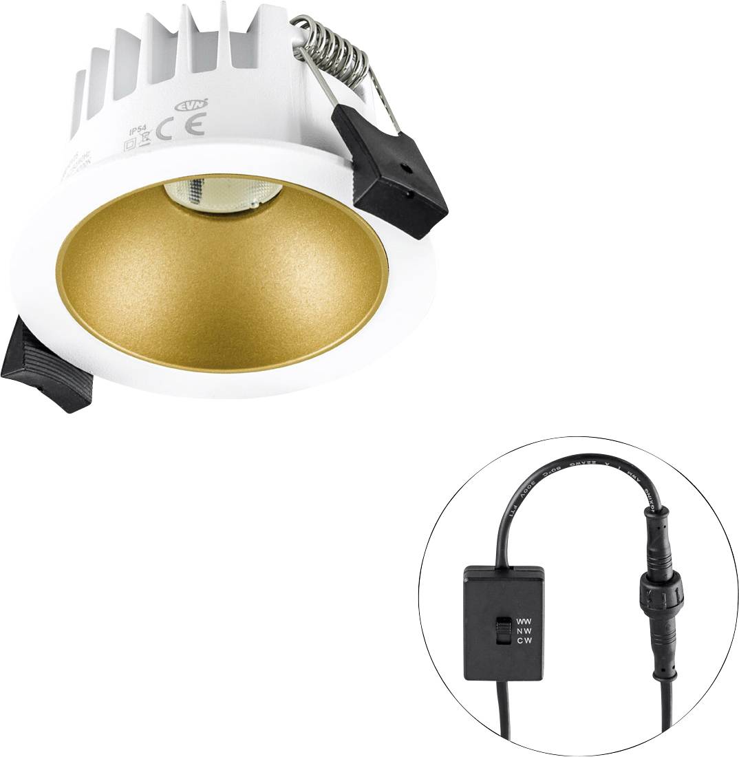 Technische Zeichnung eines runden Einbaustrahlers mit obenliegender Draufsicht und seitlicher Quersicht, Abmessungen in mm.