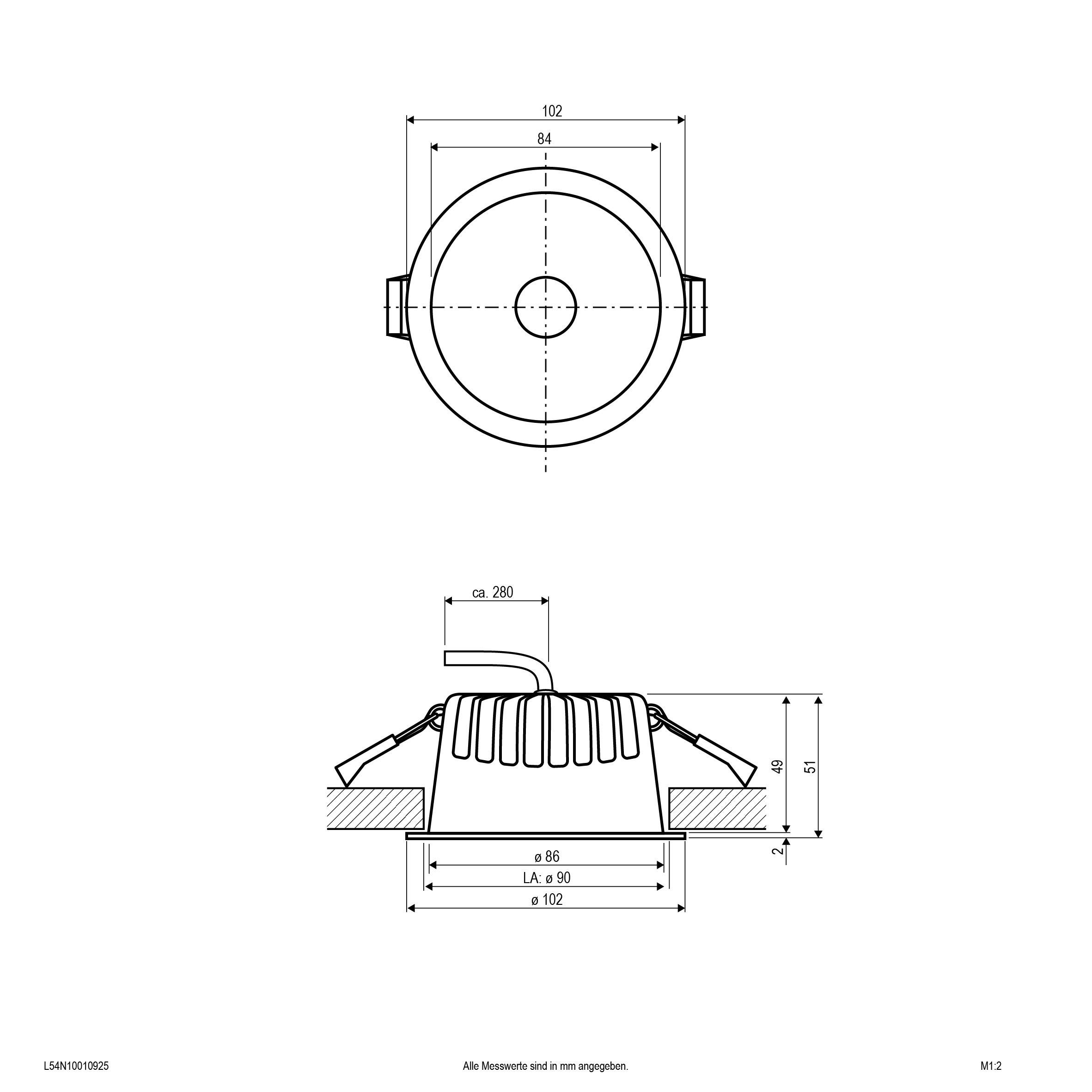 Technische Zeichnung eines Einbaustrahlers, oben Draufsicht mit Maßen Ø102 mm, unten Seitenansicht mit Höhe 56 mm und Durchmesser 102 mm.
