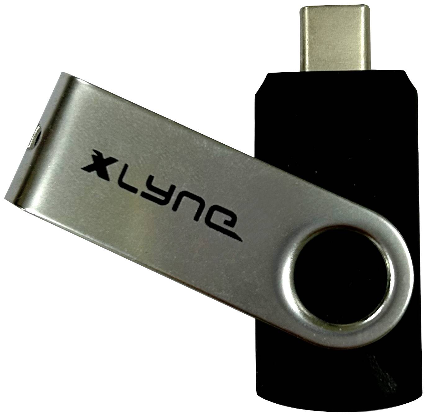 Ein USB-Stick mit USB-C-Anschluss, silbernes Drehelement zeigt die Aufschrift 'XLyne'.